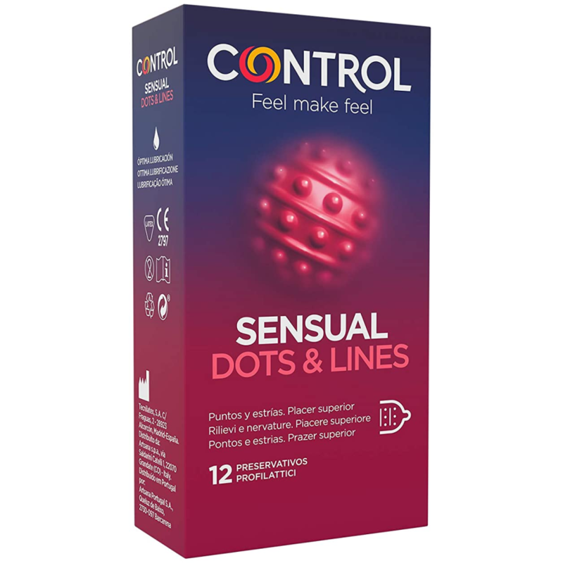 Kondomy Control Sensual Dots & Lines s vroubky a výstupky, 12 kusů