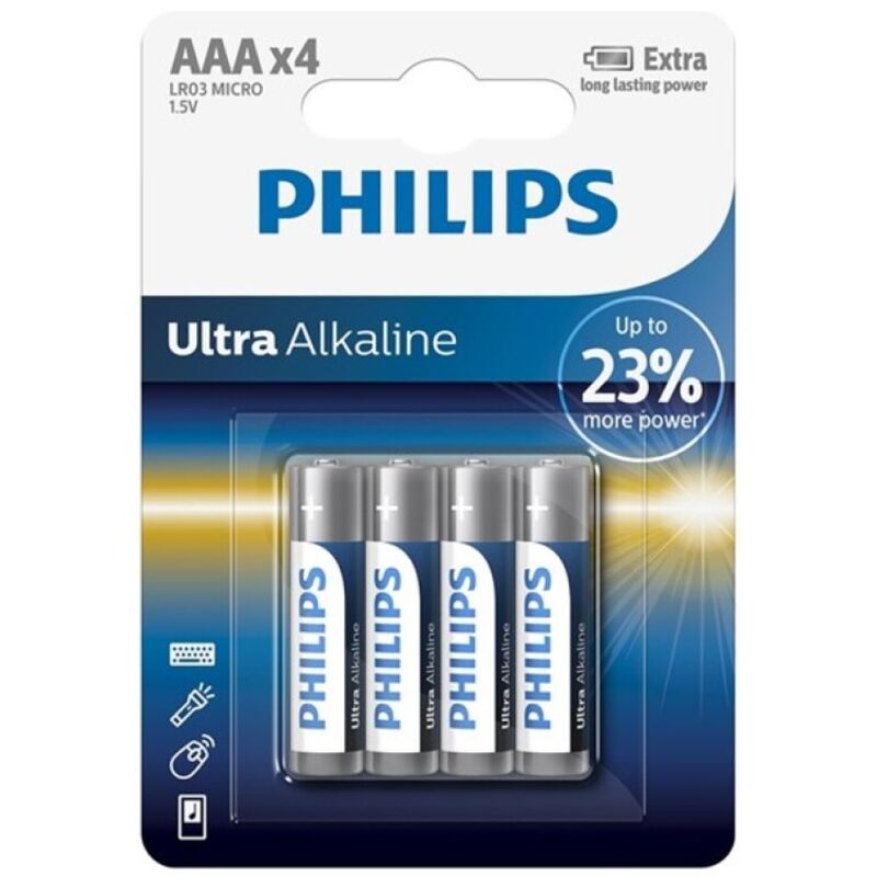 Alkalické baterie AAA, balení 4 ks, vysoký výkon pro dálkové ovladače PHILIPS