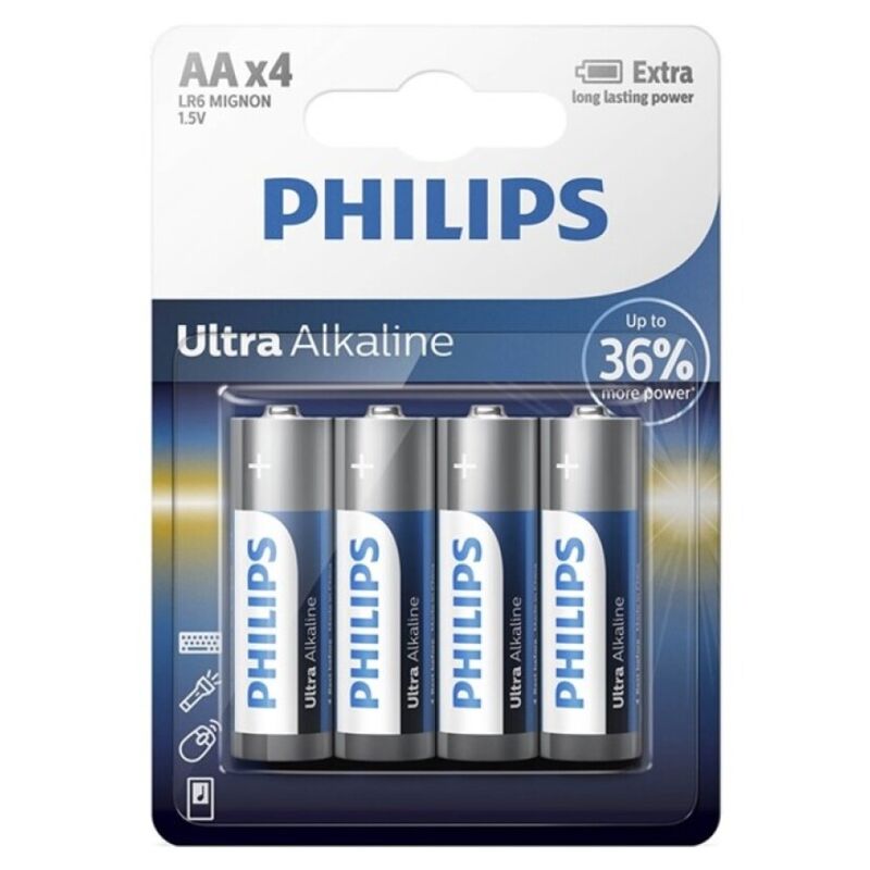 Alkalické baterie AA, balení 4 kusů, dlouhá výdrž a vysoký výkon, ideální do zařízení PHILIPS