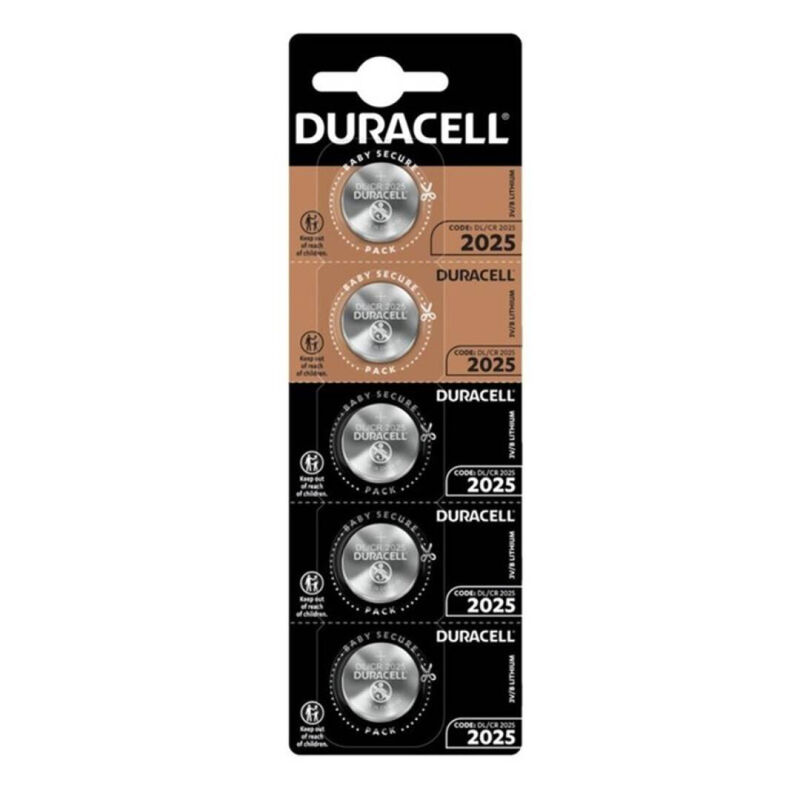Knoflíková baterie CR2025 3 V s dlouhou životností, do hodinek a klíčů od auta, balení 5 ks DURACELL