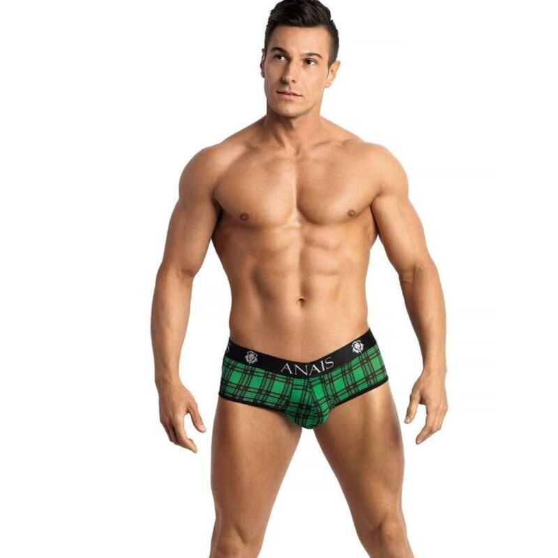 Bikini jockstrap z lycry se zelenočerným károvaným vzorem a širokým pasem ANAIS