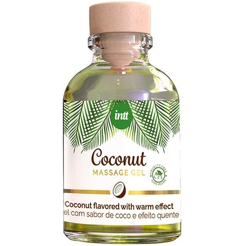 Veganský masážní gel INTT s kokosovou příchutí a hřejivým efektem, 30 ml