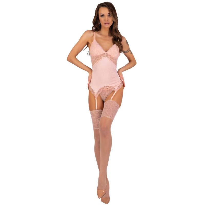 Korzetový set erotického prádla s krajkou a punčochami Peach LIVCO CORSETTI FASHION