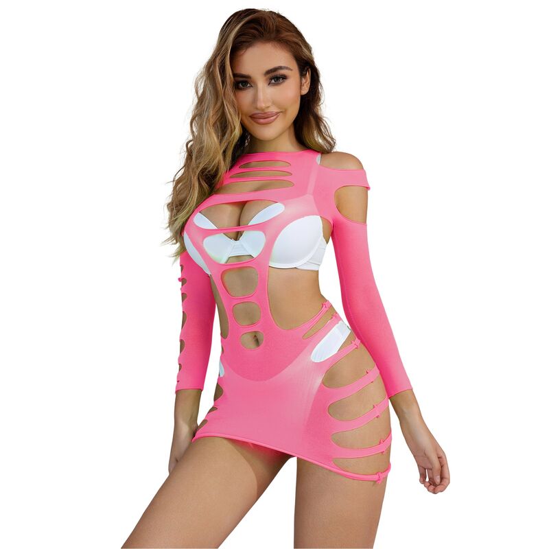 SUBBLIME sexy šaty z růžové síťoviny s dlouhými rukávy