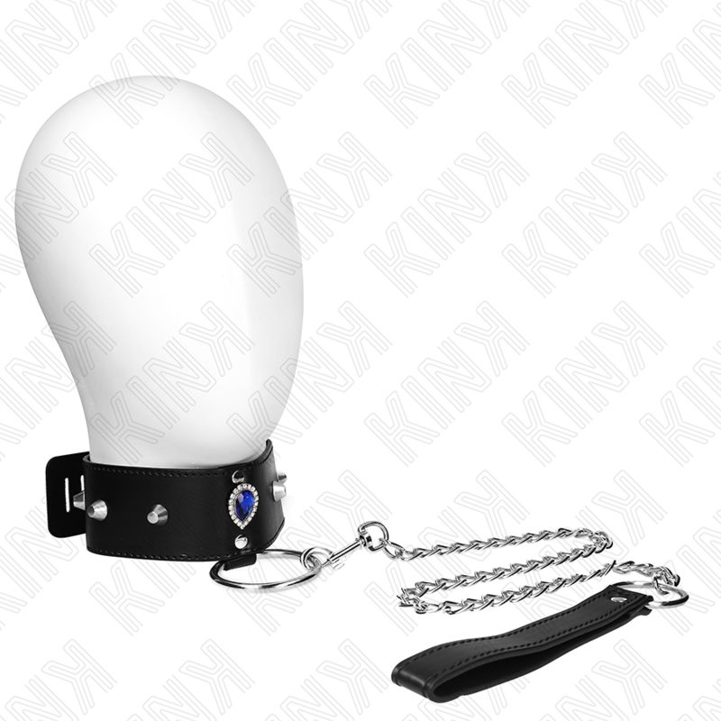 Obojek KINK BDSM s modrými ozdobnými kamínky a 65cm páskem