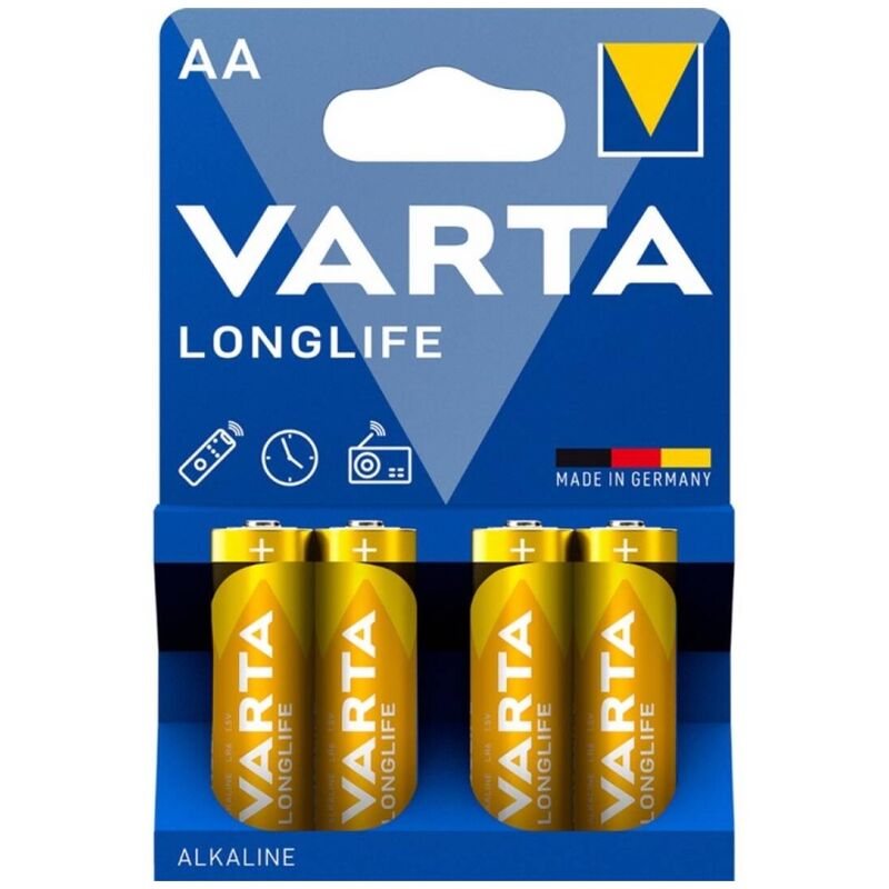 Alkalické baterie AA, balení 4 kusů s dlouhou výdrží pro zařízení VARTA