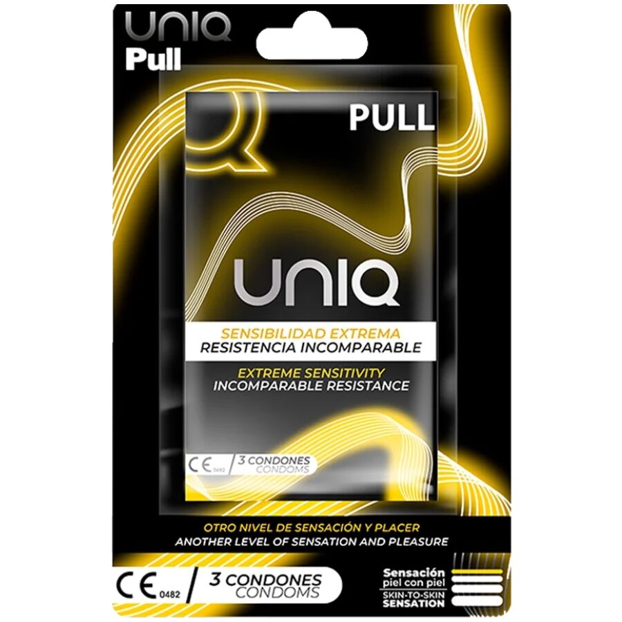 Kondomy UNIQ Pull bez latexu s poutky pro rozvinutí, 3 kusy