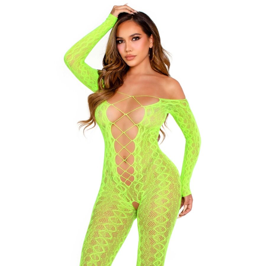 Bodystocking Leg Avenue se vzorem hadí kůže, neonově zelený