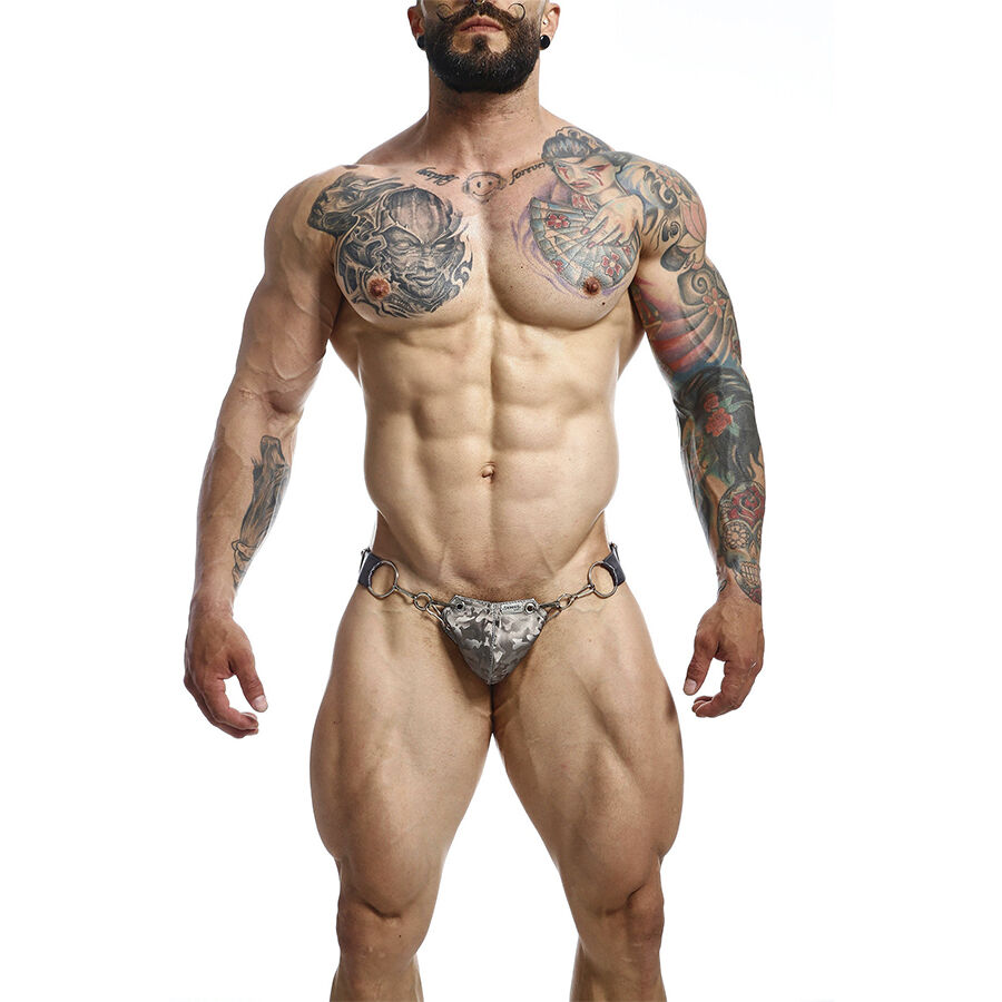 Jockstrap z umělé kůže s kovovými kroužky a podpůrnou kapsou, šedý MOB