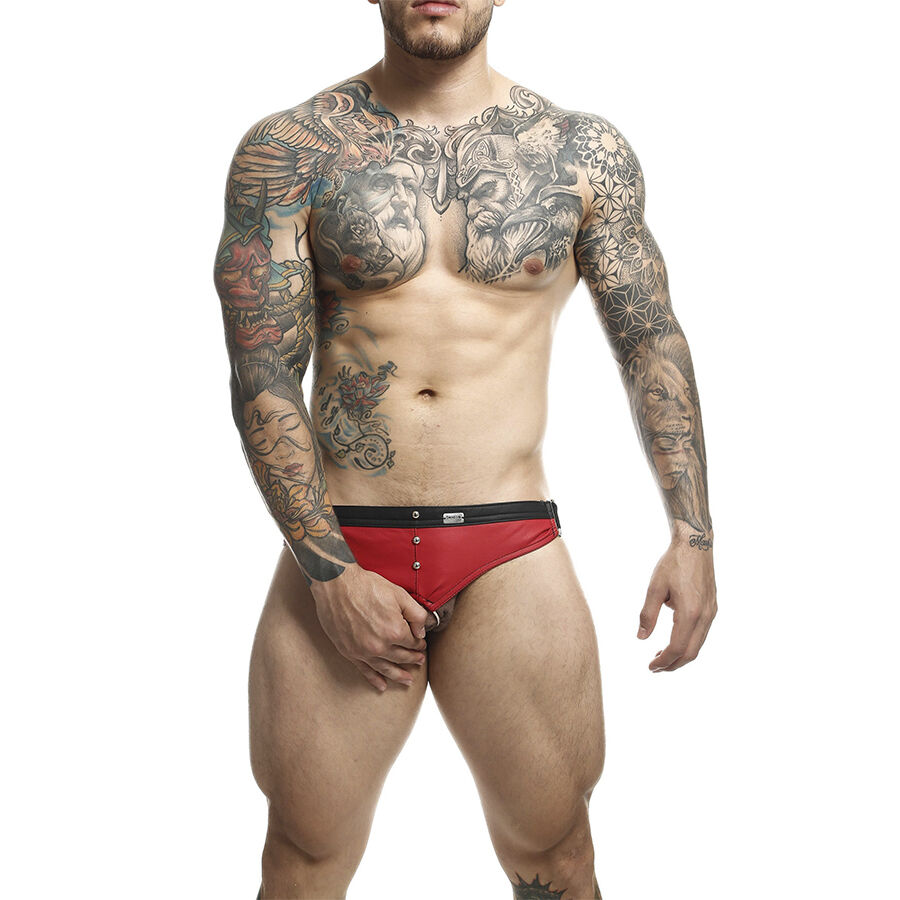 Červený jockstrap s kroužkem na penis z koženky, nýty a odhaleným zadečkem MOB