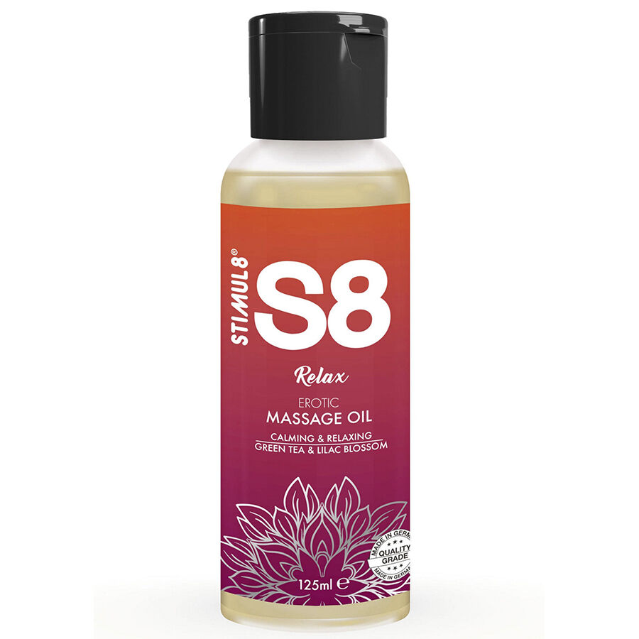Masážní olej STIMUL8 S8 Relax se zeleným čajem a květy šeříku, 125 ml