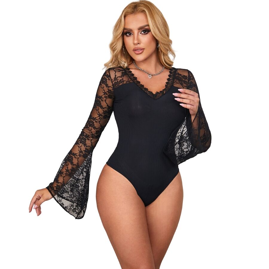 Sexy teddy z krajky s květinovým šněrováním a pohodlným střihem, velikost L XL SUBBLIME