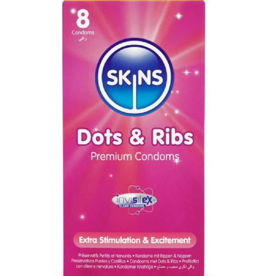 Žebrované kondomy SKINS Dots & Ribs, 8 kusů