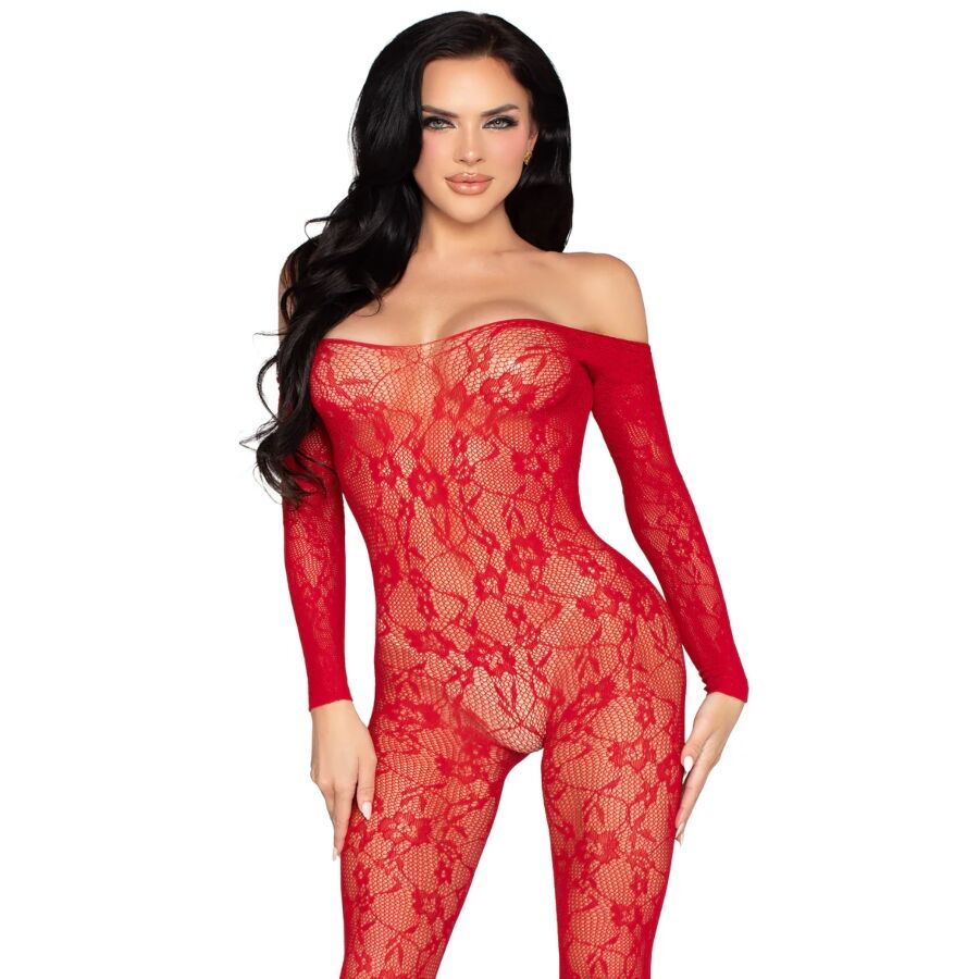 Červené krajkové body Leg Avenue s květinovým vzorem