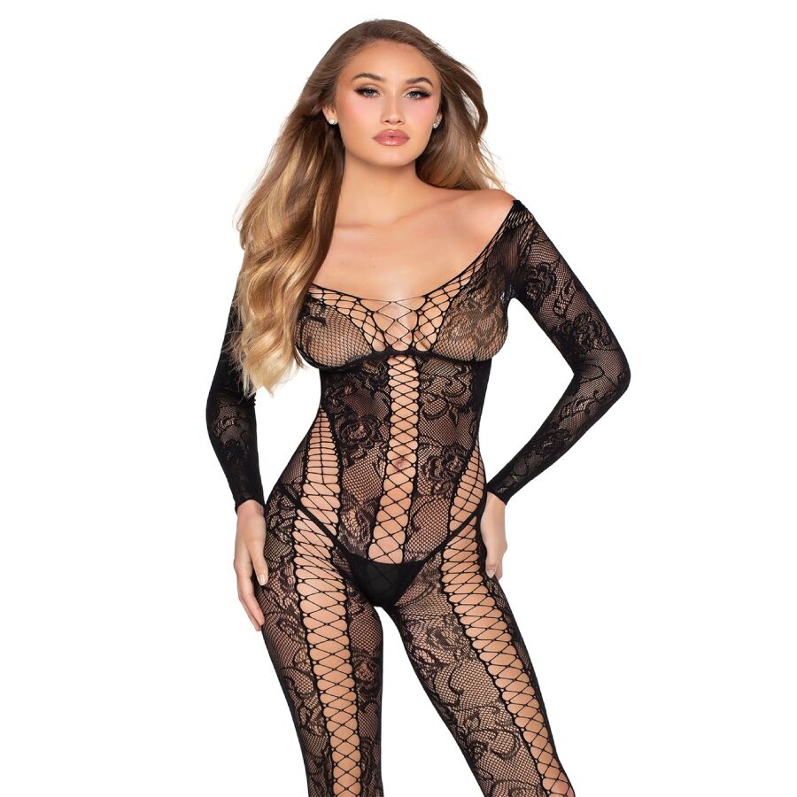 Černé krajkové síťované body Leg Avenue