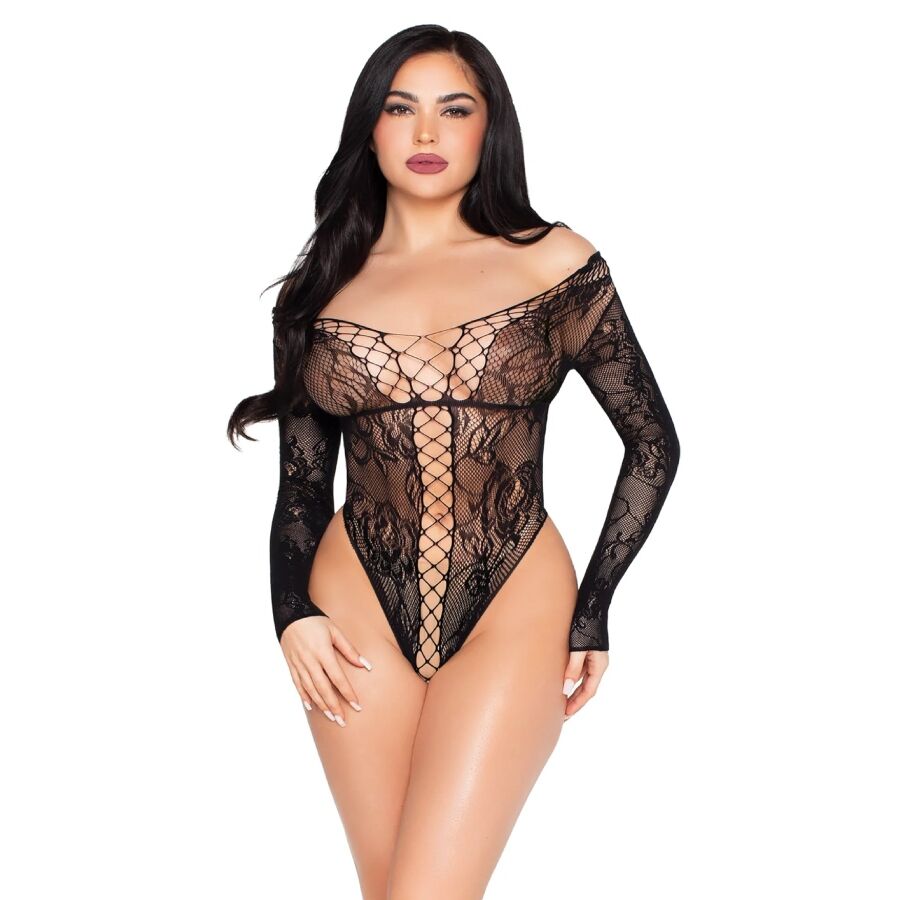 Černé erotické body Leg Avenue z krajky a síťoviny, One Size