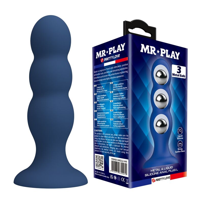 MR PLAY anální kolík s ocelovými kuličkami a přísavkou, modrý