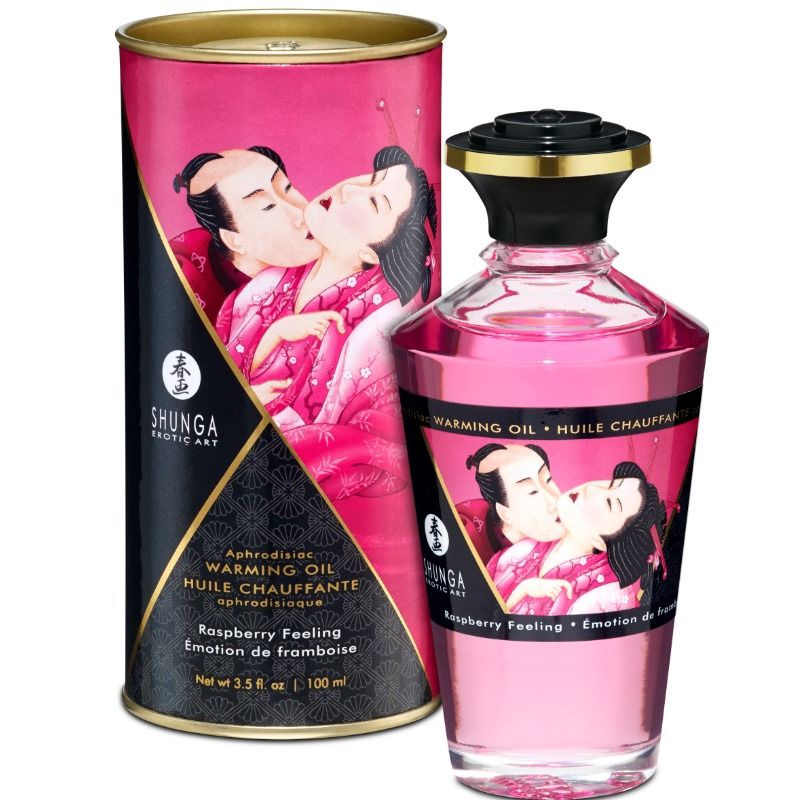 Masážní olej SHUNGA s hřejivým efektem a malinovou příchutí, 100 ml