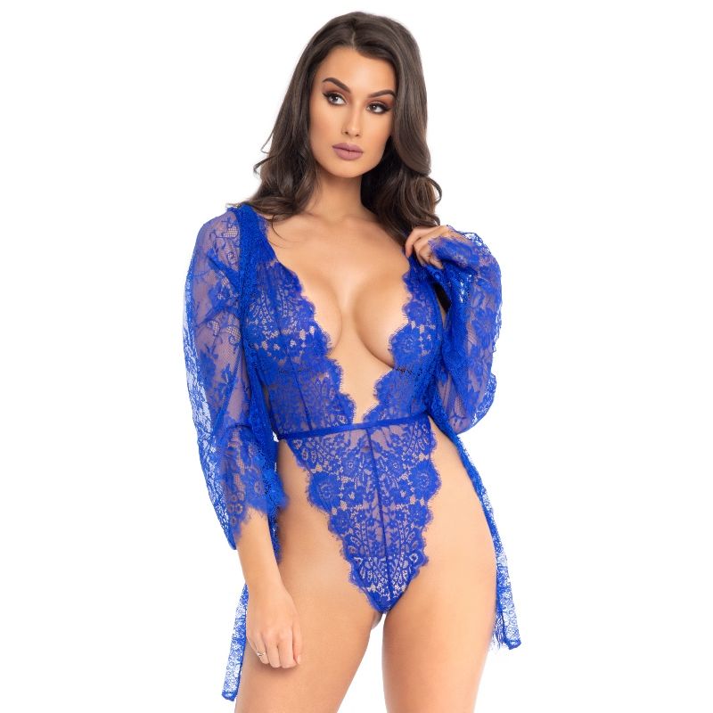 Modré elegantní a smyslné body z krajky s županem LEG AVENUE