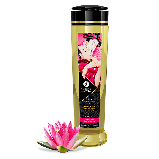 Erotický masážní olej 240 ml s vůní Sweet Lotus pro smyslnou relaxaci SHUNGA